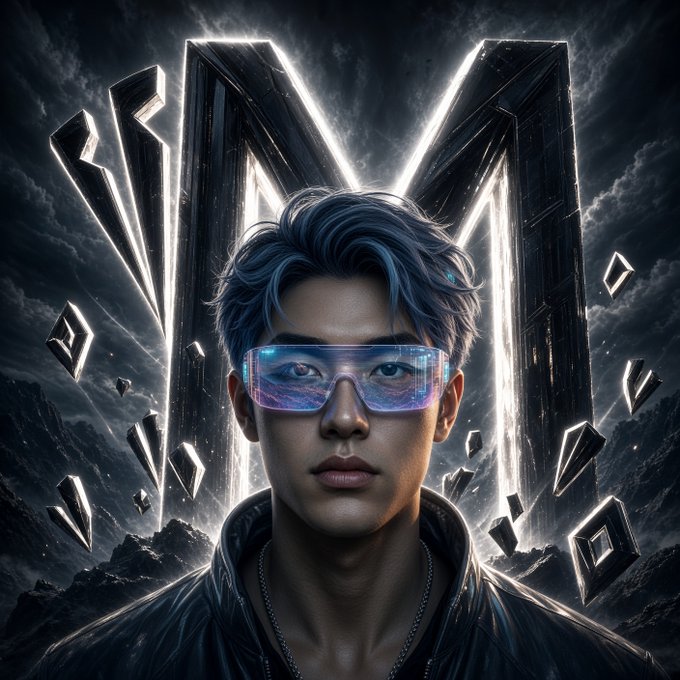 A digital artwork of a young person wearing blue reflective sunglasses in front of a large stylized letter 'M' and floating geometric shapes.