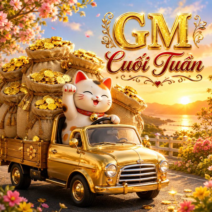 A digital illustration featuring a smiling maneki-neko (lucky cat) waving from a golden vintage truck loaded with sacks of gold coins, with stylized gold text reading "GM Cuối Tuần" set against a sunset landscape with cherry blossoms.