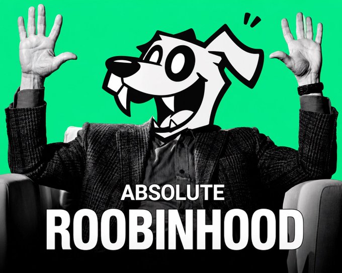A person with their hands raised in surprise has a cartoon dog face (resembling the Robinhood logo) photoshopped over their head, with the bold text "ABSOLUTE ROOBINHOOD" displayed below—visually punning on "Robinhood" to match the post's playful "gm gm" greeting about a day of gains on the "green chain."