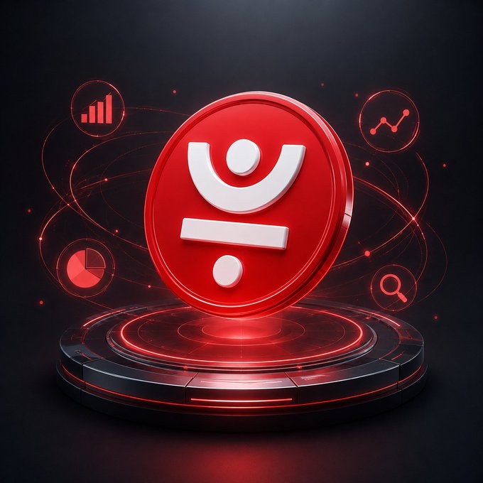 A glowing red coin icon featuring a stylized white "U" symbol sits on a futuristic circular platform, surrounded by holographic data icons including a bar chart, line graph, pie chart, and magnifying glass. The image visually represents DeFi_JUST's market comparison and supply options platform, symbolizing data-driven analysis tools for cryptocurrency strategies.