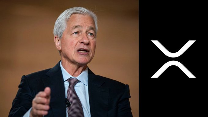 The image shows Jamie Dimon, CEO of JPMorgan Chase, speaking at an event alongside the XRP cryptocurrency logo. The composite image relates to the news that JPMorgan estimates over $650 trillion in global payments and tokenization markets could flow through the XRP ecosystem.