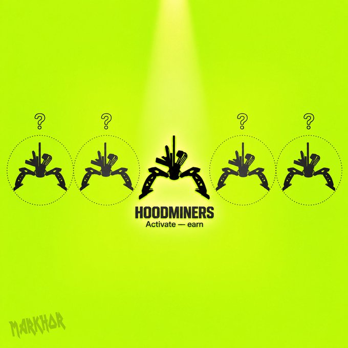The image shows five hooded miner silhouettes, with the central one highlighted by a spotlight against a bright green background, marked with question marks above the others—visually distinguishing the one official "HOODMINERS" project (tagline "Activate — earn") from impostor lookalikes to clarify which project is the legitimate free mint on Robinhood Chain.