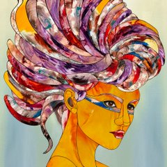 A colorful painted portrait of a woman with vibrant yellow skin, bold blue eyeshadow, and an elaborate multicolored updo hairstyle.