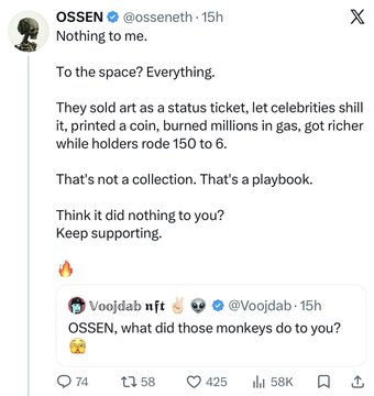 A screenshot of an X post by user @osseneth responding to criticisms, with text including 'They sold art as a status ticket' and 'Think it did nothing to you?'