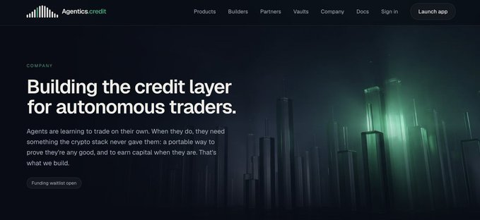 A website header for 'agentics.credit' with the tagline 'Building the credit layer for autonomous traders,' featuring a dark background with green abstract architectural imagery.
