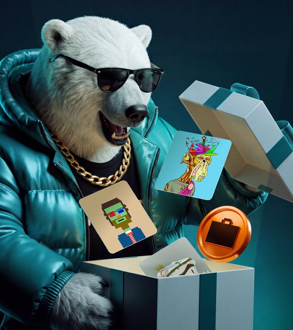 A stylized 3D illustration of a white bear wearing sunglasses, a thick gold chain, and a teal puffer jacket, holding an open gift box while NFT-style artwork cards and a briefcase coin float around it.