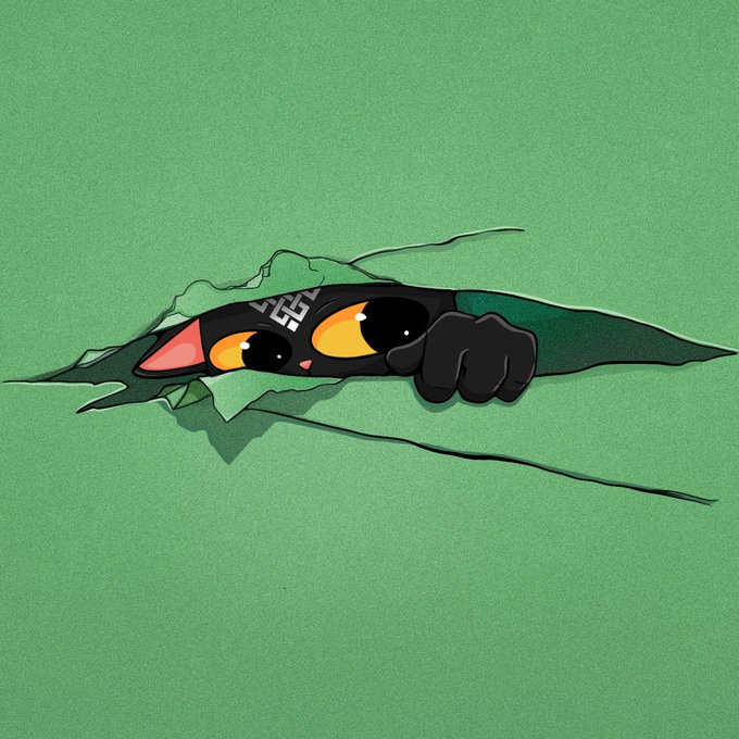 A cartoon illustration of a black cat with glowing orange eyes peering through a ripped opening in green paper, wearing a headband with Japanese characters.