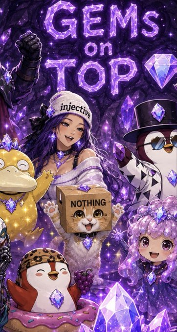 A colorful anime-style NFT artwork titled 'GEMS on TOP' featuring various characters including a girl in an 'injective' beanie, a cat with a 'NOTHING' box, penguins, and a duck, surrounded by purple crystals.