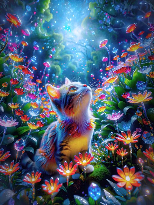 A whimsical digital illustration of a small, colorful kitten sitting in a magical, glowing forest surrounded by luminous flowers and sparkling lights.