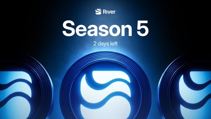 The image features a promotional graphic for River Season 5, displaying the River logo at the top with bold white text announcing "Season 5" and "2 days left" against a dark blue background. Three glowing blue circular River logos are shown at the bottom, visually reinforcing the urgency of the post's message that users have only two days remaining to complete tasks and earn potential $RIVER rewards before the season ends.