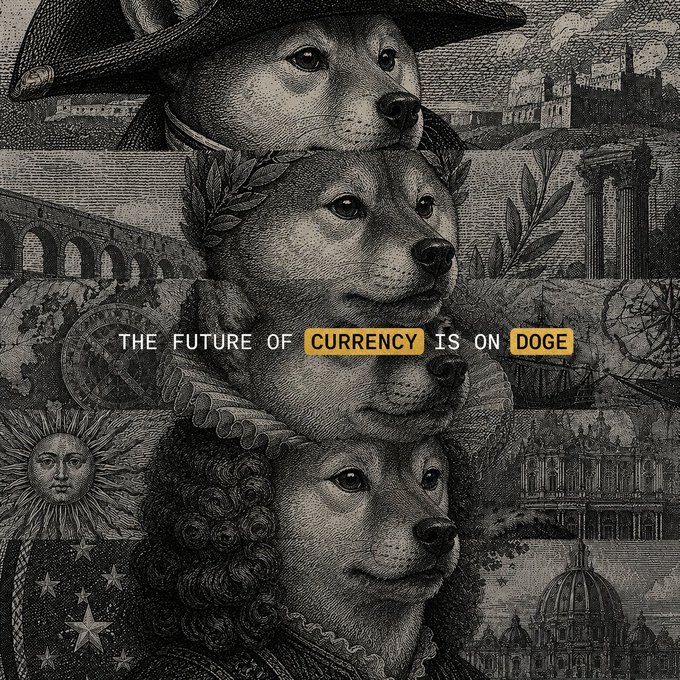 A vintage-style black and white illustration featuring four stacked Shiba Inu dogs wearing historical attire with architectural backgrounds, overlaid with the text 'THE FUTURE OF CURRENCY IS ON DOGE.'