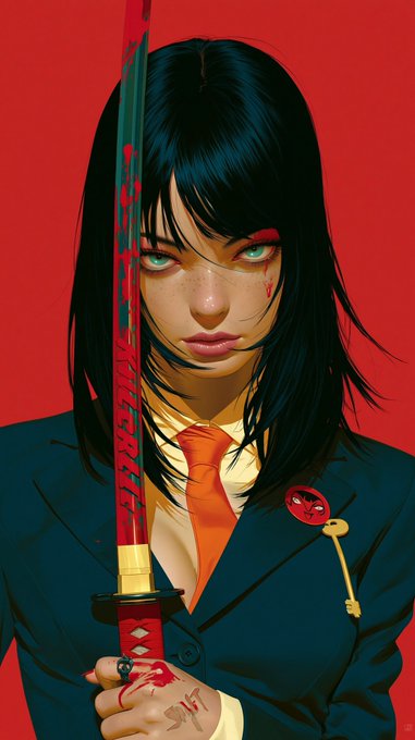 Anime-style portrait of a woman with black hair in a dark blue blazer and orange tie, holding a bloody katana blade in front of her face against a solid red background.