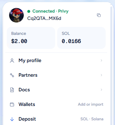A crypto wallet interface showing a "Connected - Privy" status with an account ending in "MX6d", displaying a balance of $2.00 (0.0166 SOL).