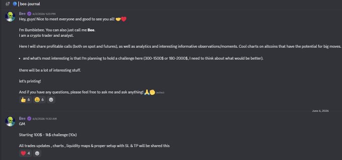 A Discord message from "bee journal" by Bumblebee introducing themselves as a crypto trader and analyst, planning to share profitable calls, charts, and a 100-1500$ or 150-2000$ challenge.
