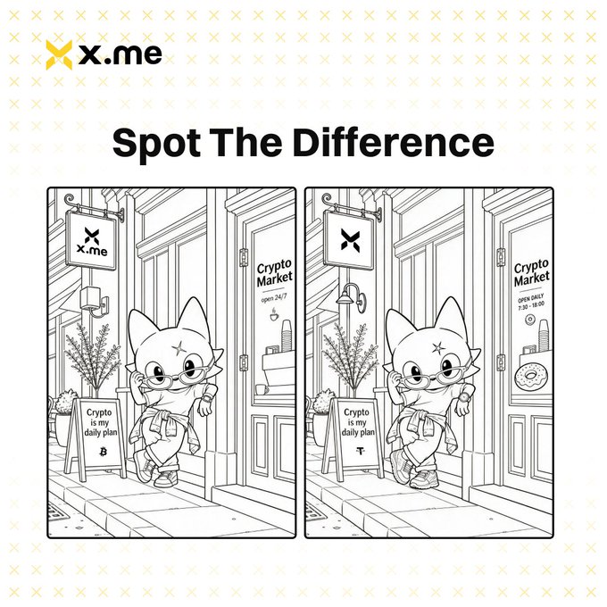 A "Spot The Difference" puzzle game featuring two side-by-side black-and-white illustrations of a cartoon cat wearing glasses walking past a "Crypto Market" storefront, with the x.me logo at the top. The two images contain subtle differences for viewers to find, supporting a social media giveaway where participants submit their answers for a chance to win 10 USDT prizes.