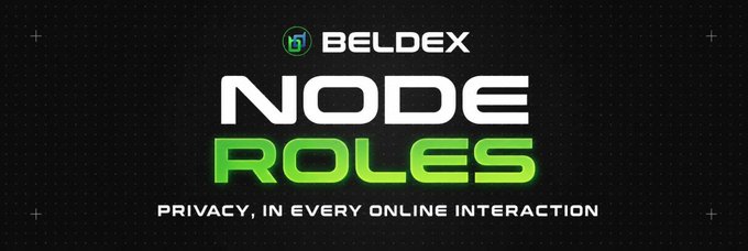 A bold graphic for Beldex titled "NODE ROLES" with the tagline "PRIVACY, IN EVERY ONLINE INTERACTION," visually introducing the post's explanation of how Beldex masternodes split responsibilities between relay nodes (handling traffic routing for anonymity) and exit nodes (providing the final hop to the open internet) to power private, decentralized communications.
