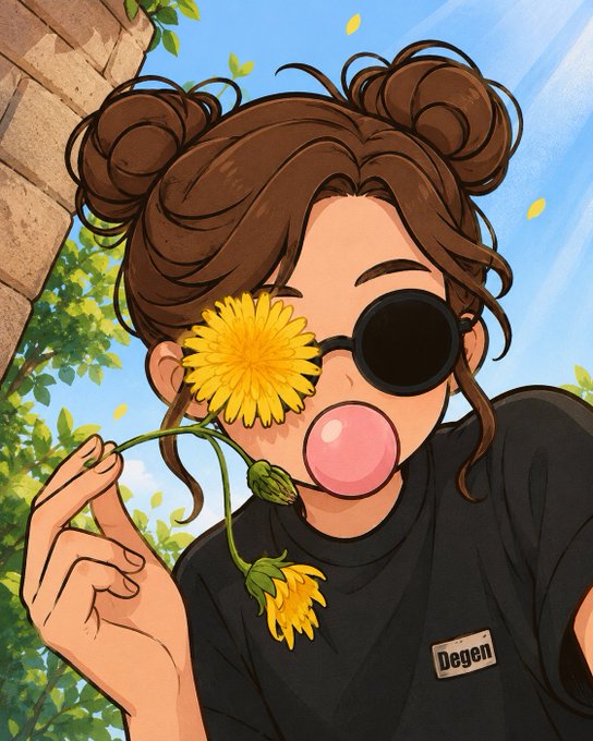 An illustrated anime-style girl with space buns, sunglasses, and pink bubble gum holds a dandelion covering one eye, wearing a shirt labeled 'Degen'.