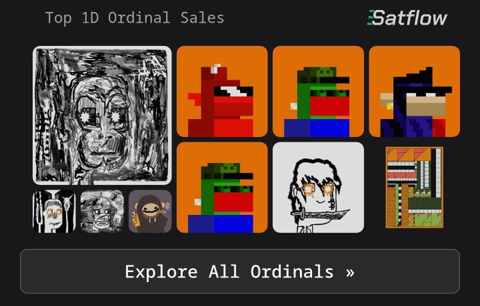 A dark-themed web interface screenshot titled "Top 1D Ordinal Sales" by "Satflow," displaying a gallery of pixel-art style NFT thumbnails with an "Explore All Ordinals »" button at the bottom.
