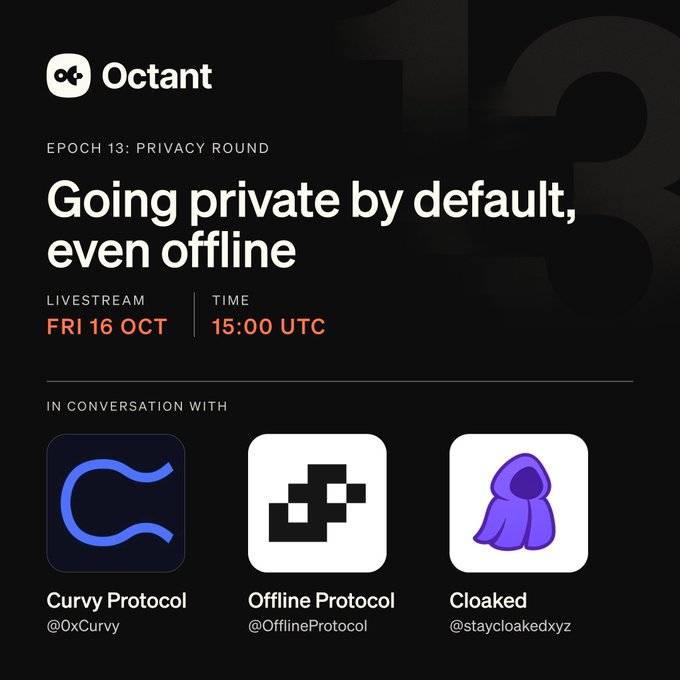 A dark promotional graphic for Octant's 'EPOCH 13: PRIVACY ROUND' livestream titled 'Going private by default, even offline' on Friday 16 Oct at 15:00 UTC, featuring Curvy Protocol, Offline Protocol, and Cloaked.