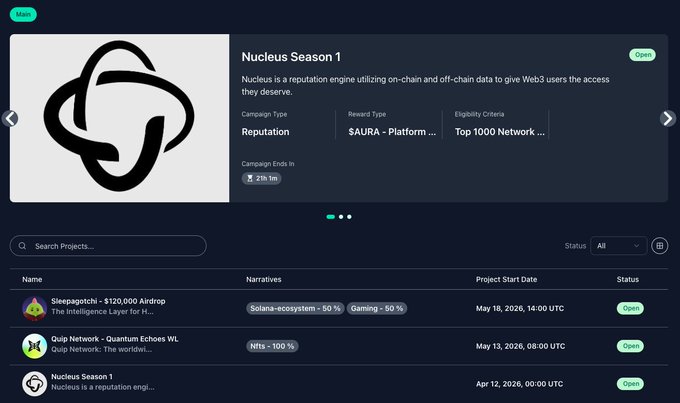The image shows a computer screen displaying information about a new online game called "Nucleus Season 1". The game appears to be a multiplayer game that allows users to join different groups or networks, which can help them build their web3 reputation by participating in on-chain and off-chain activities. Users can also access the game's rewards system, where they can earn points for their participation in the game. Additionally, there are options available for joining specific groups or networks that might be relevant to certain game strategies or objectives. The image also includes a social media share button, which users can use to promote the game and its rewards system on platforms like Twitter, Instagram, or Facebook.