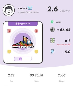 Another Logger app screenshot showing a sneaker NFT earning 2.6 GST/Min for user mojumi, with stats of 2.22 km in 25:58 and 2663 steps.