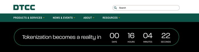 A DTCC website header displays a countdown timer reading "00 Days 16 Hours 04 Minutes 22 Seconds" for "Tokenization becomes a reality." The promotional post "Lock in. $XRP" suggests anticipation of this DTCC tokenization milestone being bullish for XRP, positioning the cryptocurrency as a potential beneficiary of the upcoming tokenization event.
