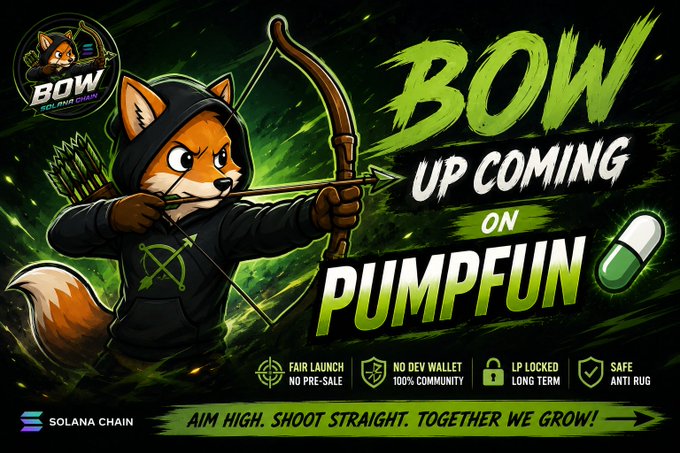 The image is a promotional graphic announcing the upcoming launch of "$BOW" token on Pump.fun, featuring a fierce fox archer in a hooded outfit drawing a bow, with the tagline "Aim High. Shoot Straight. Together We Grow!" and highlighting features like fair launch, no presale, locked liquidity, and a Solana chain badge—visually reinforcing the post's teaser of BOW "loading" for launch as a community-driven meme token on Solana.