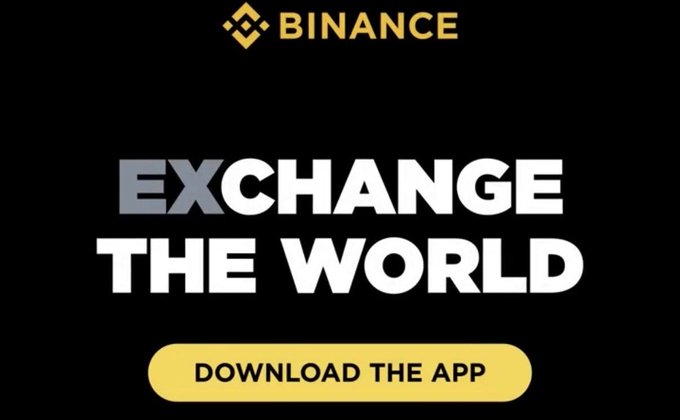 A promotional banner for Binance featuring the "EXCHANGE THE WORLD" slogan with a "DOWNLOAD THE APP" call-to-action, where the "X" letters in "EXCHANGE" are stylized in gray, visually highlighting the letter emphasized in the accompanying post's discussion about speculation around a Binance social trading app connected to X.