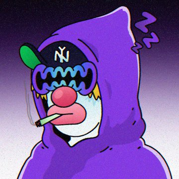 A cartoon-style purple-hooded figure wearing a "NY" cap and sunglasses smokes a cigarette, matching the chill, stylized aesthetic of @yonfrula's "Hoodie" PFP NFT collection. The clean lines, vibrant color, and unique trait design reflect the post's praise for the artist's striking artwork.