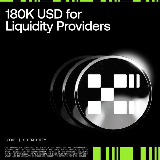 A promotional graphic featuring a metallic 3D coin embossed with the OKX Web3 logo on a black background, headlined with bold white text reading "180K USD for Liquidity Providers" and tagged "BOOST | X LIQUIDITY," with a disclaimer at the bottom noting the information is for educational purposes only.