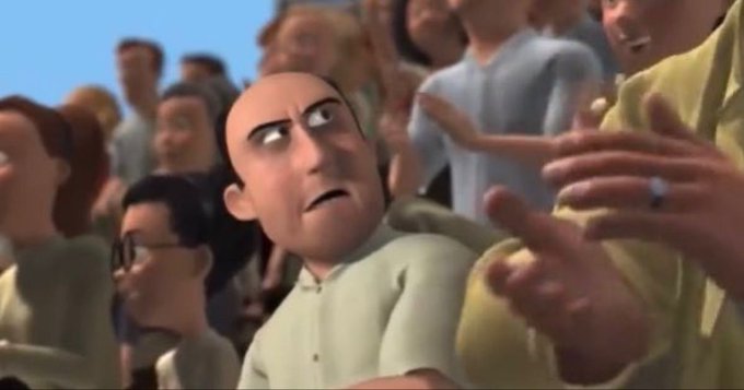 A 3D animated scene showing a bald man in a light shirt looking sideways with a skeptical expression while surrounded by other people in a crowd.