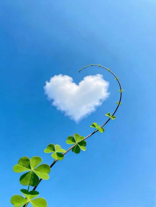 A bright blue sky features a heart-shaped cloud framed by a curving stem of green clover leaves.