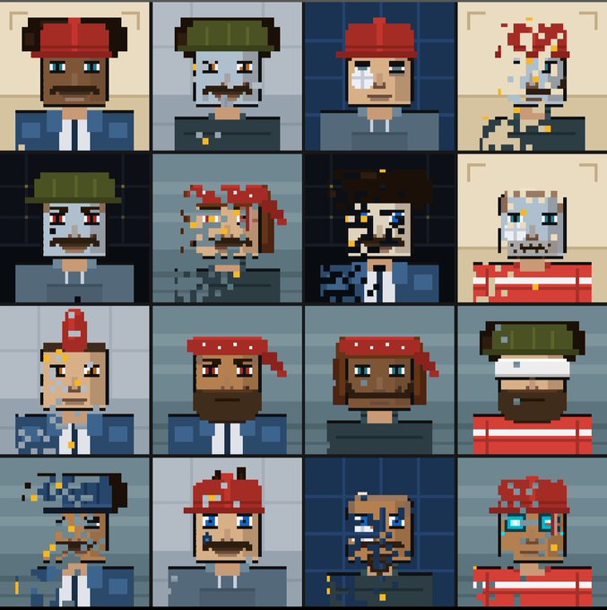 A 4x4 grid of pixel art character portraits featuring various figures with different skin tones, hairstyles, hats, and facial expressions in a blocky retro style.