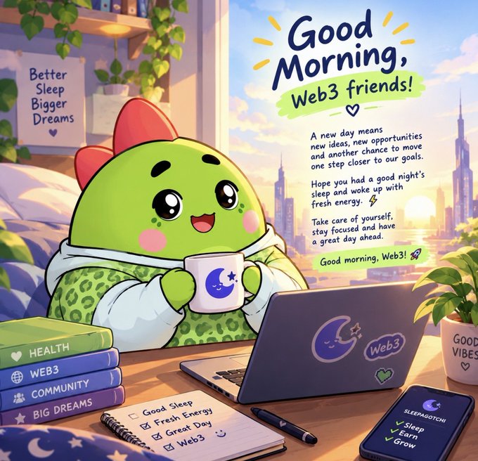 An illustrated 'Good Morning, Web3 friends!' scene with a cute green dinosaur in pajamas holding a mug next to a laptop, surrounded by books labeled HEALTH, WEB3, COMMUNITY, and BIG DREAMS.