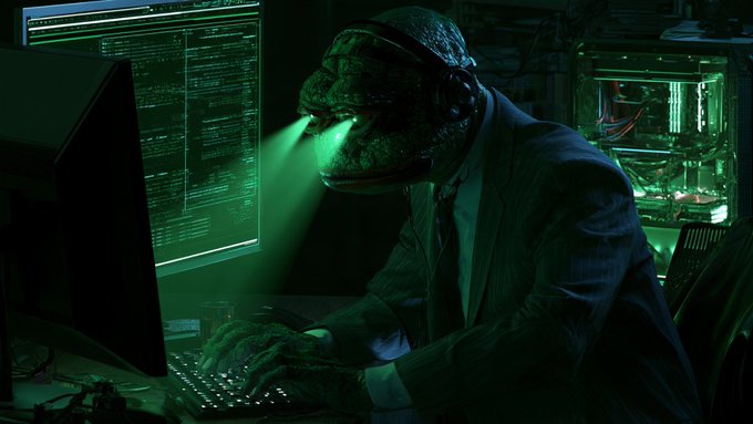 An anthropomorphic turtle in a suit types on a keyboard at a computer in a dark, green-lit room with monitors displaying code.