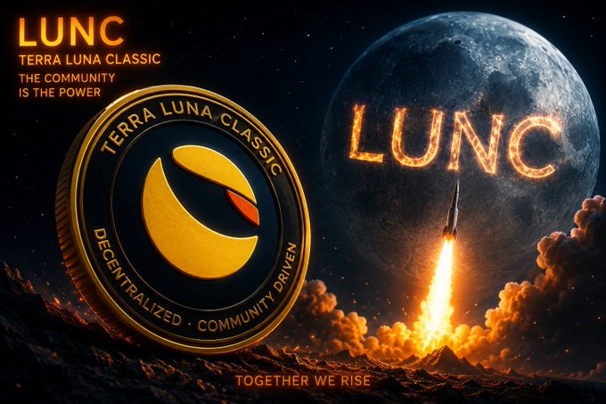 A promotional image for 'LUNC - Terra Luna Classic' featuring a gold coin logo with the slogan 'The Community is the Power' and 'Together We Rise', alongside a rocket launch and the text 'LUNC' over a moon.