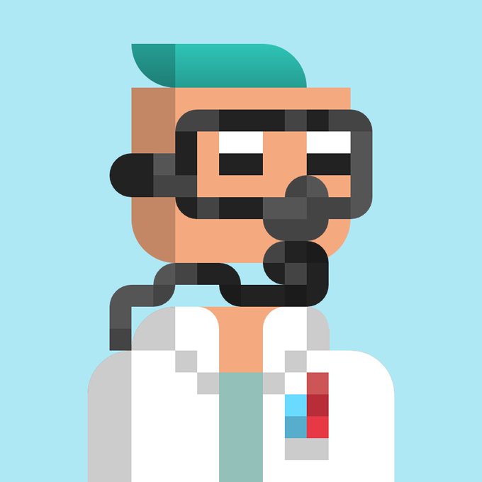 A flat-design digital illustration of a doctor or scientist character with teal hair, thick black glasses, and a mustache, wearing a white lab coat and holding a clipboard with colored squares, set against a light blue background.