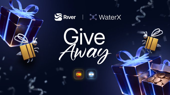 A giveaway announcement from 'River' and 'WaterX' featuring blue gift boxes, gold coins, and celebratory confetti against a dark background.