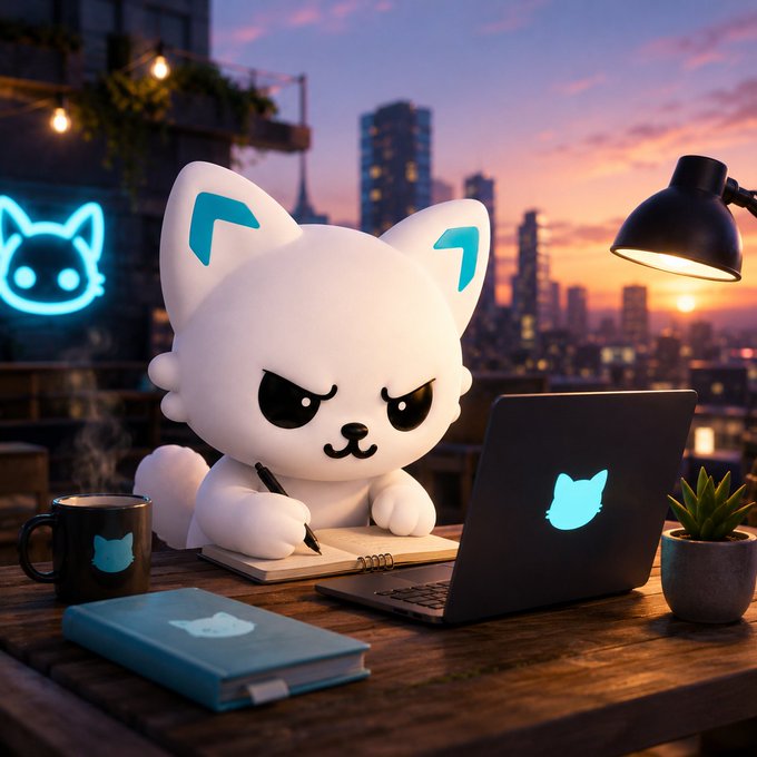 3D render of a white cartoon cat character with an angry expression sitting at a desk with a laptop, notebook, and coffee mug, all featuring cat logos, set against a city sunset.