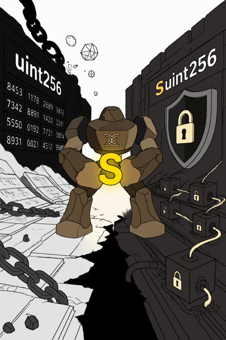 An illustration depicting a stone golem with a Bitcoin 'B' symbol on its chest, standing between a wall labeled 'uint256' on the left and 'Suint256' with a shield and lock on the right.