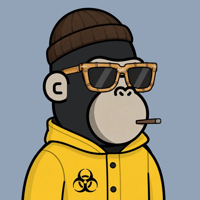 The image features a cartoon monkey wearing sunglasses, a yellow jacket, and holding a cigarette. The caption reads "Well, have a good night apes! See you all tomorrow. Less than 2 days to mint. Hope you are all ready. Leave you with this random ape to keep you company until tomorrow".