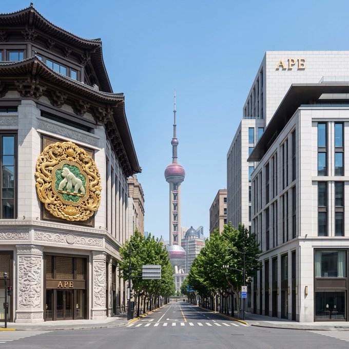 A street view in Shanghai showing the Oriental Pearl Tower in the distance, flanked by traditional Chinese architecture on the left and modern buildings with "APE" signage on both sides.
