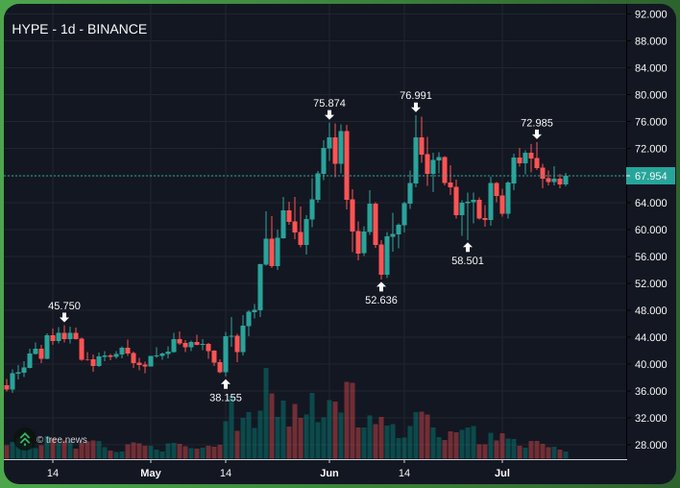 A Binance 1-day candlestick chart for HYPE showing price action from May to July, with notable highs near 76.991 and a current price around 67.954.