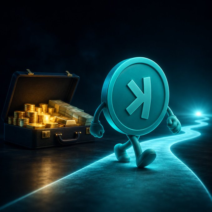 A 3D-rendered teal coin character with the Kaspa 'K' logo walking away from an open briefcase filled with gold coins and bars, set against a dark background with a glowing teal path.