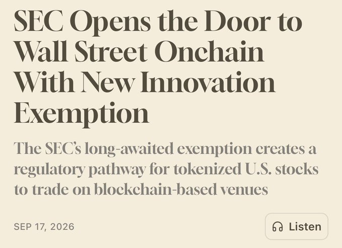 An article headline reading "SEC Opens the Door to Wall Street Onchain With New Innovation Exemption" dated SEP 17, 2026, describing a regulatory pathway for tokenized U.S. stocks on blockchain venues.