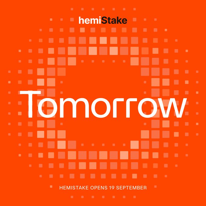 An orange graphic announcement with pixelated text reading 'Tomorrow', 'hemiStake' at the top, and 'HEMISTAKE OPENS 19 SEPTEMBER' at the bottom.
