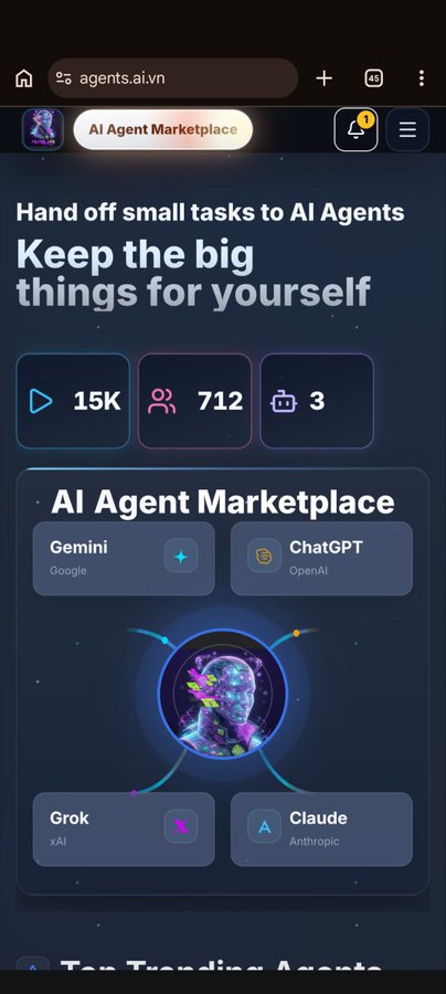A mobile browser screenshot of agents.ai.vn displaying an 'AI Agent Marketplace' featuring AI models like Gemini, ChatGPT, Grok, and Claude.