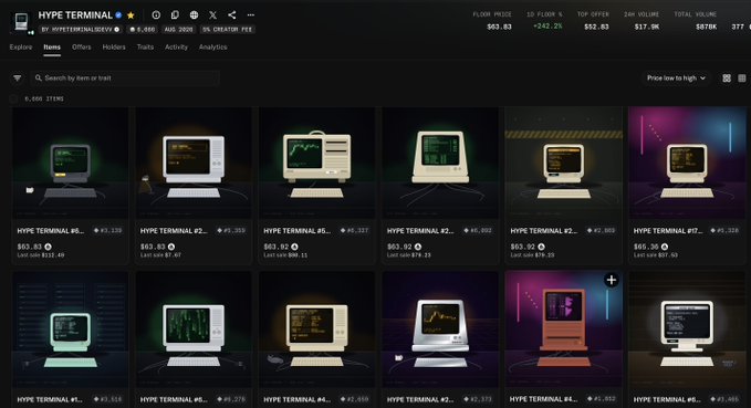 A screenshot of the 'HYPE TERMINAL' NFT marketplace interface, displaying a collection of retro computer terminal-themed digital assets with prices ranging from approximately $59 to $69.