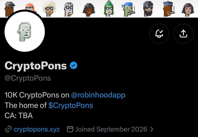 A Twitter/X profile screenshot for 'CryptoPons' (@CryptoPons), displaying pixel-art ponies as the banner, the text '10K CryptoPons on @robinhoodapp. The home of $CryptoPons. CA: TBA', and a link to cryptopons.xyz (Joined September 2026).