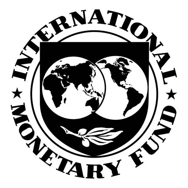 A black-and-white seal or emblem for the 'International Monetary Fund' featuring two globes, an olive branch, and stars in a circular design.